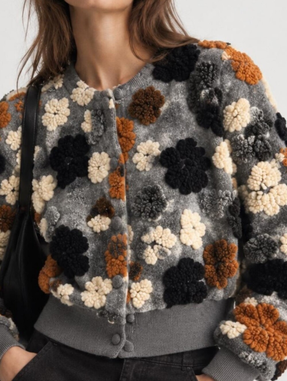 Cozy Floral Patchwork Sherpa Bomber Jacket - Gray, Mustard, Black, Cream